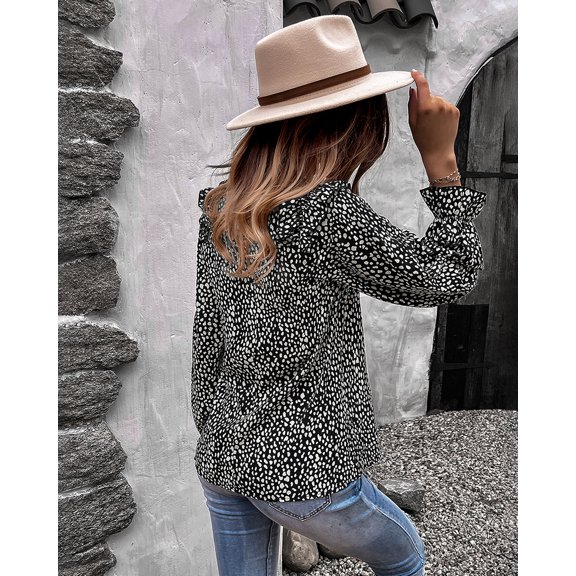 V Neck Animal Print Shoulder Ruffle Bishop Sleeve Blouse for Women