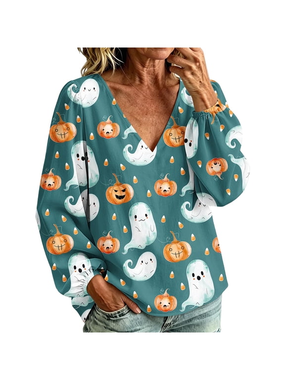 V‑Neck Blouse for Women Long Sleeve Cute Ghost Pumpkin Candy Corn Print Top for Halloween Party and Fall Events Green XL