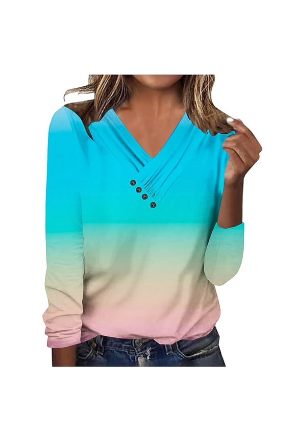 V Neck Blouses for Women Dressy Casaul 3/4 Length Sleeve Womens Tops Gradient Print Button Down Shirts