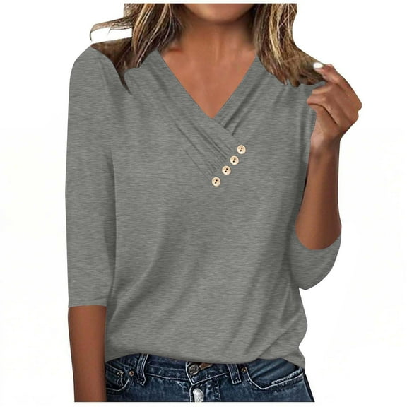V-Neck Blouses for Women Dressy Casual 3/4 Length Sleeve Womens Work Tops Button Down Shirts Solid Color Basic Tunic Tee Shirts Loose Pullover