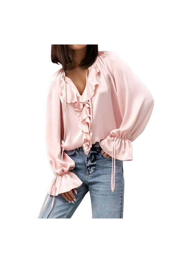 V Neck Blouses for Women Flowy Ruffle Tie Long Sleeve Fall Shirts Party Ladies Elegant Dressy Evening Casual Tops Pink L