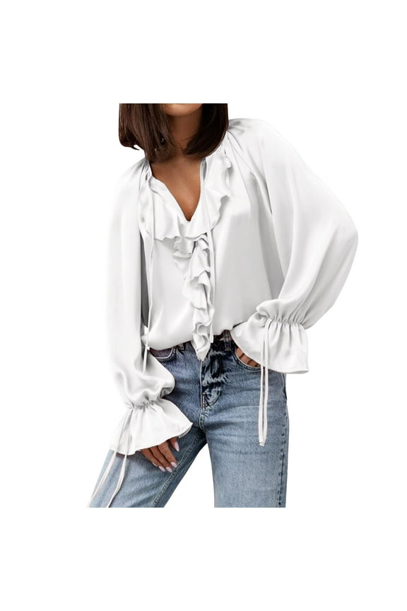 V Neck Blouses for Women Flowy Ruffle Tie Long Sleeve Fall Shirts Party Ladies Elegant Dressy Evening Casual Tops White L