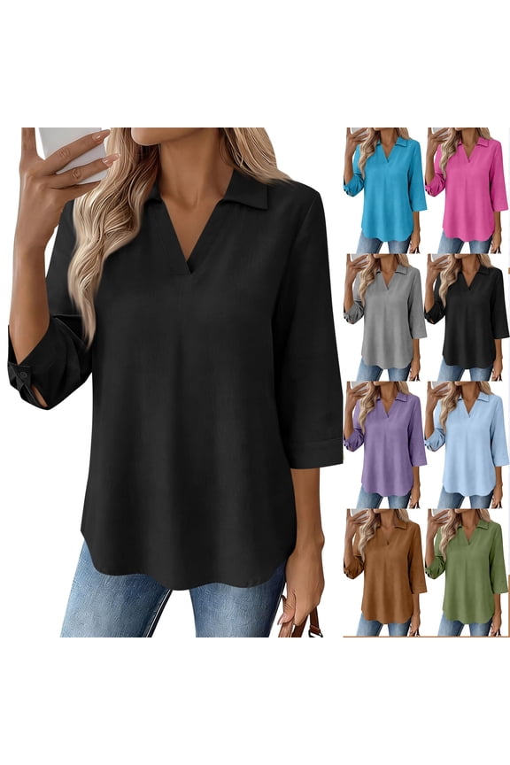 V Neck Blouses for Women Summer Casual Collared 3/4 Sleeve Shirts Textured Polo Tops Cuffed Sleeve Tops Black XL