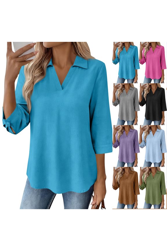 V Neck Blouses for Women Summer Casual Collared 3/4 Sleeve Shirts Textured Polo Tops Cuffed Sleeve Tops Blue S