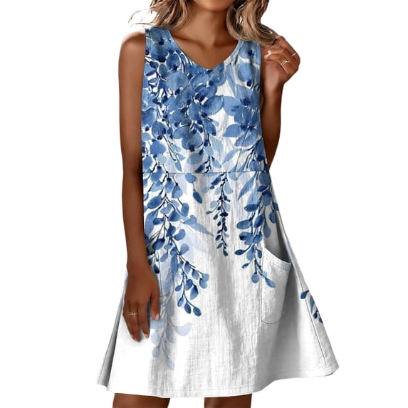 V Neck Boho Dresses for Women Flowy Aline Sleeveless Casual Floral Dress Summer Fashion Wedding Guest Sundress with Pockets