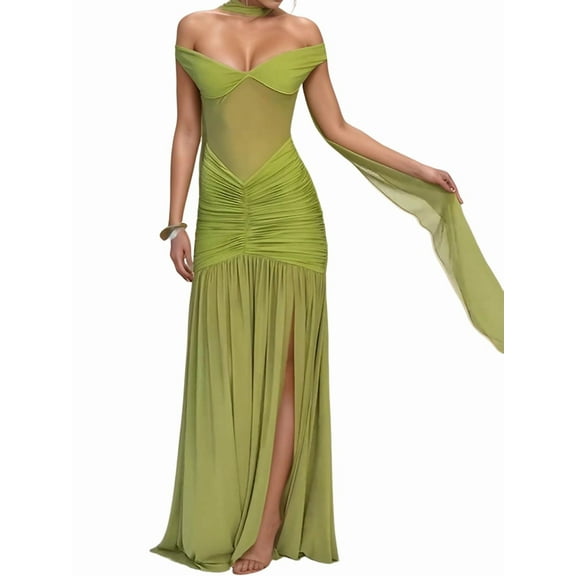 V Neck Bridesmaid Dresses Pleated Chiffon 2025 Off Shoulder Flowy Formal Evening Wedding Guest Dress with Slit Green M