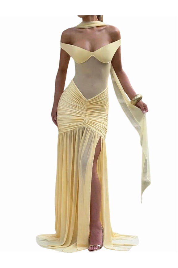 V Neck Bridesmaid Dresses Pleated Chiffon 2025 Off Shoulder Flowy Formal Evening Wedding Guest Dress with Slit Yellow L