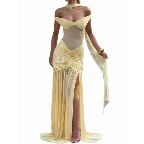 V Neck Bridesmaid Dresses Pleated Chiffon 2025 Off Shoulder Flowy Formal Evening Wedding Guest Dress with Slit Yellow L
