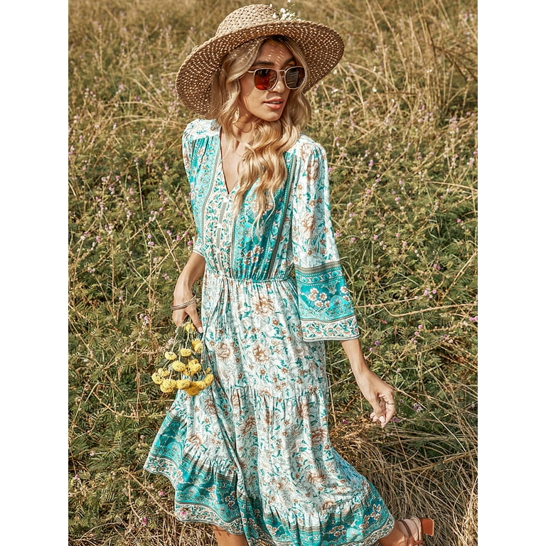 V Neck Button Detail Multicolor Floral Print Boho Dress for Women