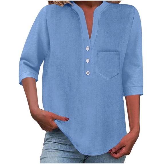 V-Neck Button Detail Top for Women Short Sleeve Loose Fit Blouse, Solid Color Casual Shirt with Pocket Comfortable Summer Tunic
