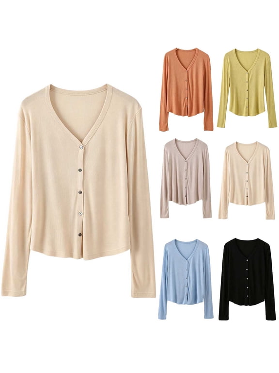 V-Neck Button Down Long Sleeve Cardigan Crew Neck Soft Classic Basic Knit Cardigans Lightweight Dressy Fall Tops