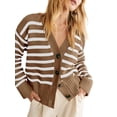 thumbnail image 1 of V Neck Button Down Long Sleeve Open Front Ribbed Knit Outerwear Womens Striped Cardigan Sweaters, 1 of 6