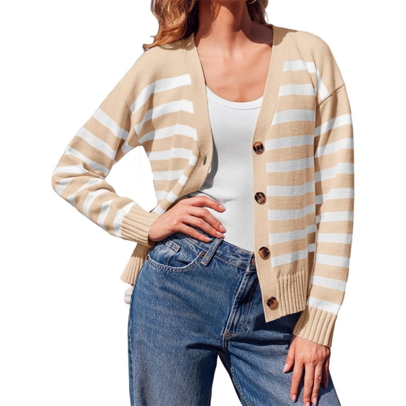 V Neck Button Down Long Sleeve Open Front Ribbed Knit Outerwear Womens Striped Cardigan Sweaters