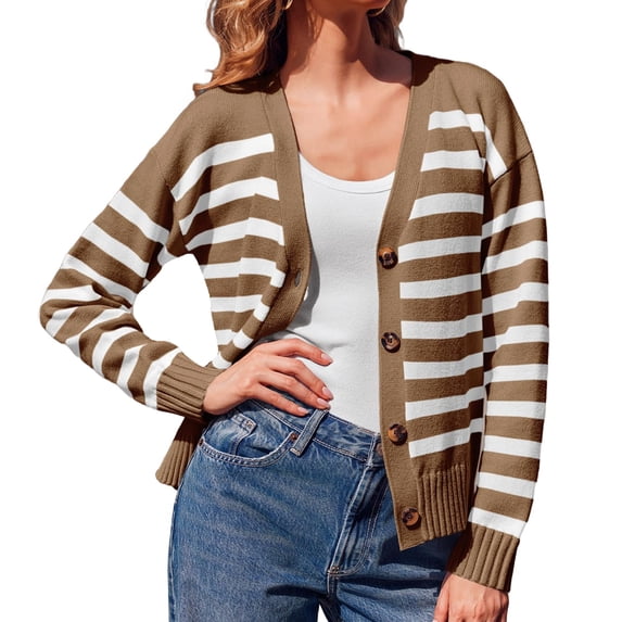 V Neck Button Down Long Sleeve Open Front Ribbed Knit Outerwear Womens Striped Cardigan Sweaters