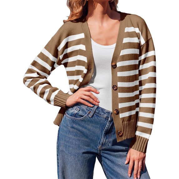 V Neck Button Down Long Sleeve Open Front Ribbed Knit Outerwear Womens Striped Cardigan Sweaters