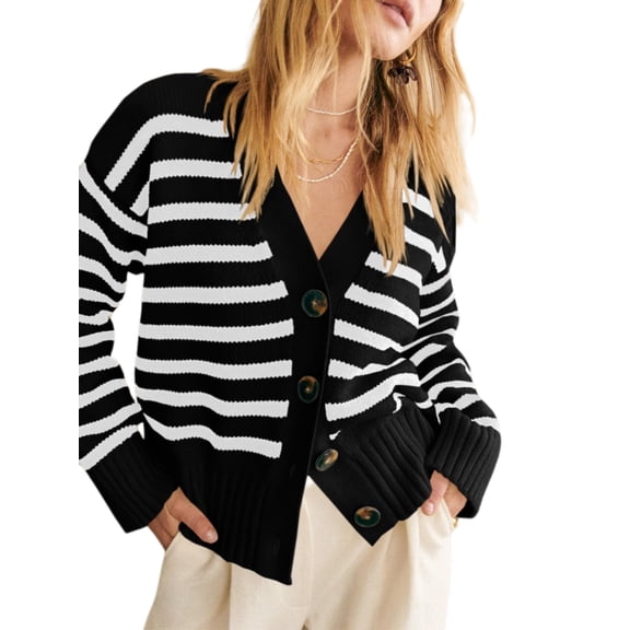 V Neck Button Down Long Sleeve Open Front Ribbed Knit Outerwear Womens Striped Cardigan Sweaters