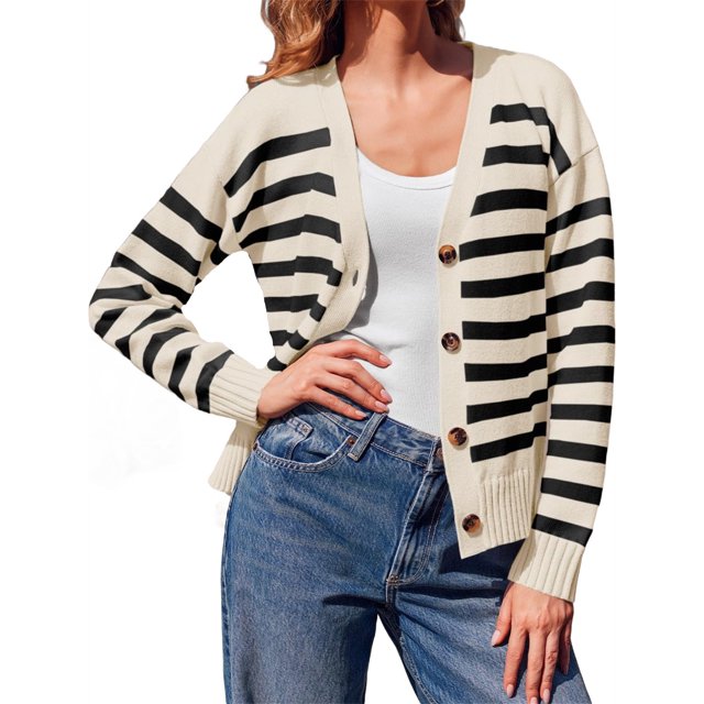 V Neck Button Down Long Sleeve Open Front Ribbed Knit Outerwear Womens Striped Cardigan Sweaters