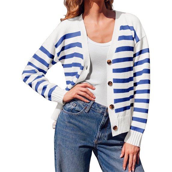 V Neck Button Down Long Sleeve Open Front Ribbed Knit Outerwear Womens Striped Cardigan Sweaters