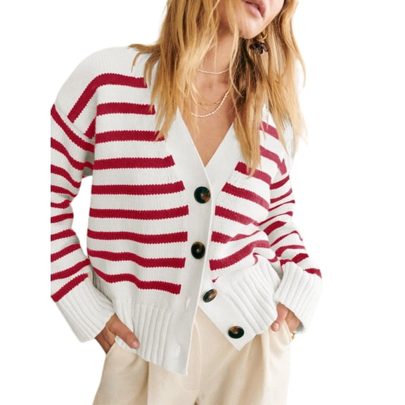 V Neck Button Down Long Sleeve Open Front Ribbed Knit Outerwear Womens Striped Cardigan Sweaters