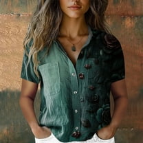 V Neck Button Down Shirts, Printed Cotton, Short Sleeve, Casual Tops, Summer, Bubble Wrinkles Fabric, Green L, Size S-XXXXXL