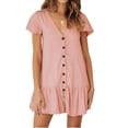 thumbnail image 1 of V-Neck Button Dress Solid Color Loose Mini Dresses, 1 of 2
