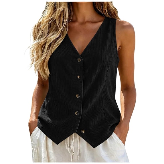 V Neck Button Front Corduroy Vest Top Solid Casual Layering Waistcoat for Women Spring Fall Daily Office Wear S-XXL