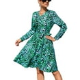 thumbnail image 1 of V Neck Button Front Printed Dress for Women Above Knee Length Green Small, 1 of 5