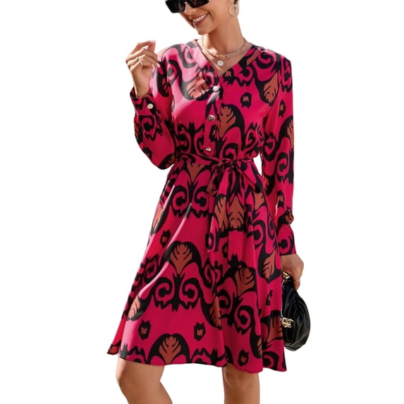 V Neck Button Front Printed Dress for Women Above Knee Length Red Medium