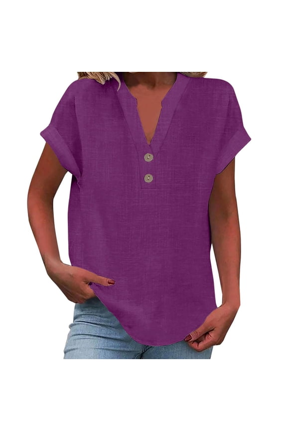 V Neck Button Linen Shirts for Women Loose Fit