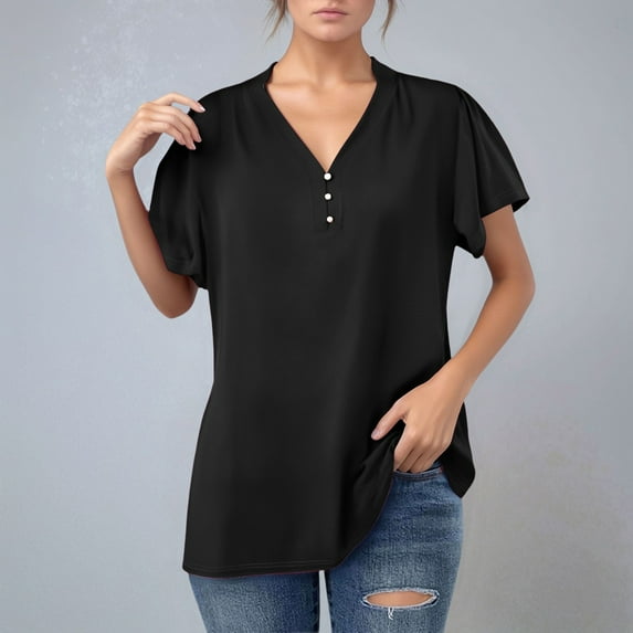 V Neck Button Up Solid Color Casual T Shirt Tee Shirt Women Graphic Loose T Shirts dish Top Striped Womens Shirt Loose Fit Womens Summer Shirts Comfy Summer Shirts Dry Wick Tee Women Womens Polyester