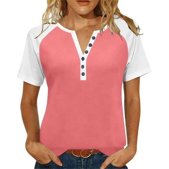 V-Neck Button T-Shirt for Women Fashion Raglan Short Sleeve Tee Summer Loose Breathable Tops ,Pink,XL