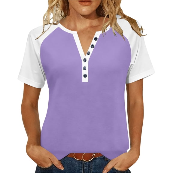 V-Neck Button T-Shirt for Women Fashion Raglan Short Sleeve Tee Summer Loose Breathable Tops ,Purple,M