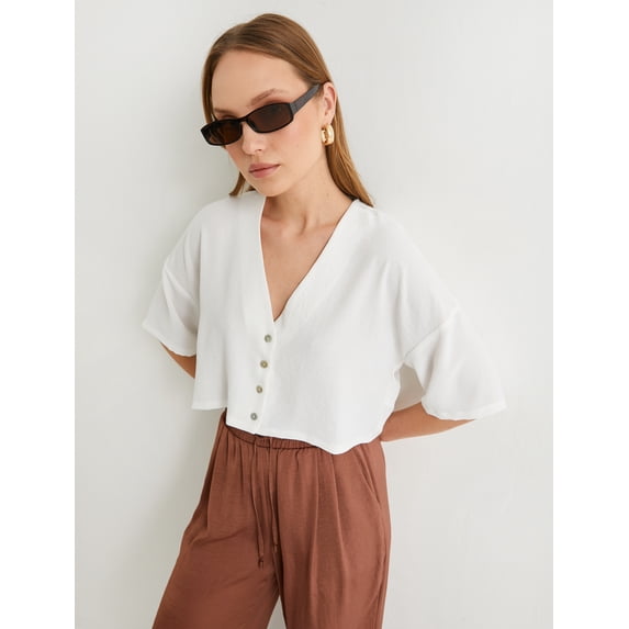 V Neck Buttoned Short Sleeve Crop Shirt