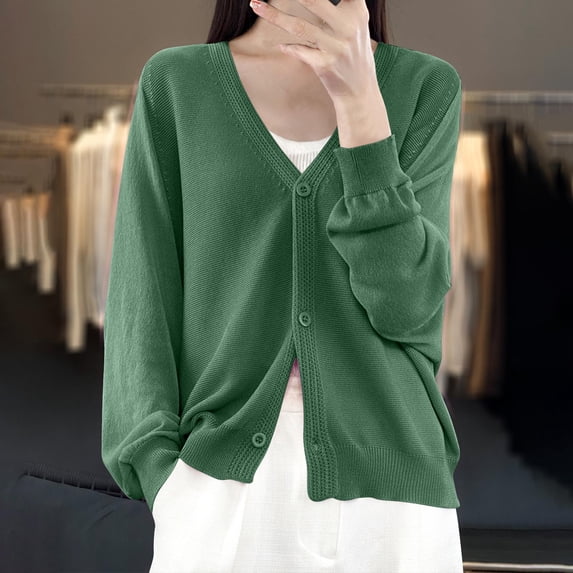 V-Neck Cardigan Sweaters for Women Long Sleeve Womens Tops Casual Fall Clothes Button Down Knit Sweater, Gifts for Women