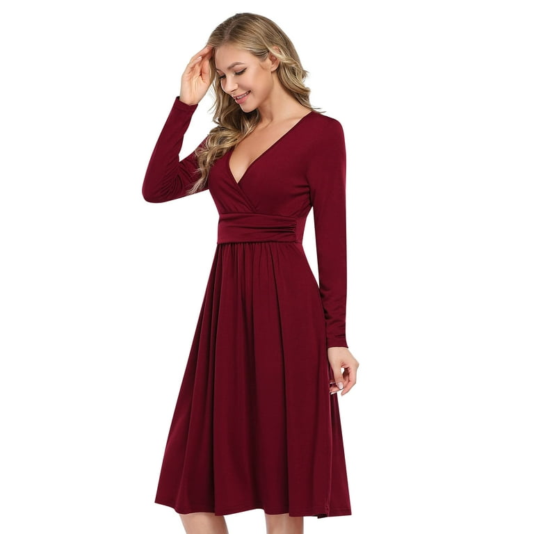 V Neck Casual Dress Long Sleeve Empire Waist Wrap Midi Party