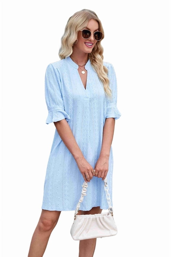 V Neck Casual Shift Dress Blue M