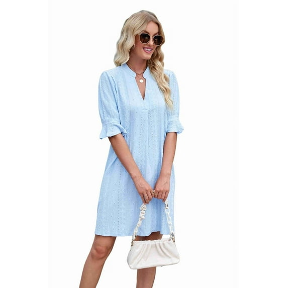 V Neck Casual Shift Dress Blue XL