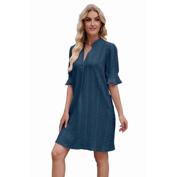 V Neck Casual Shift Dress Dark Blue L