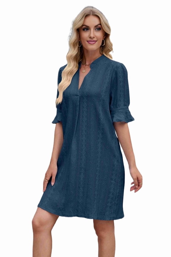 V Neck Casual Shift Dress Dark Blue XL