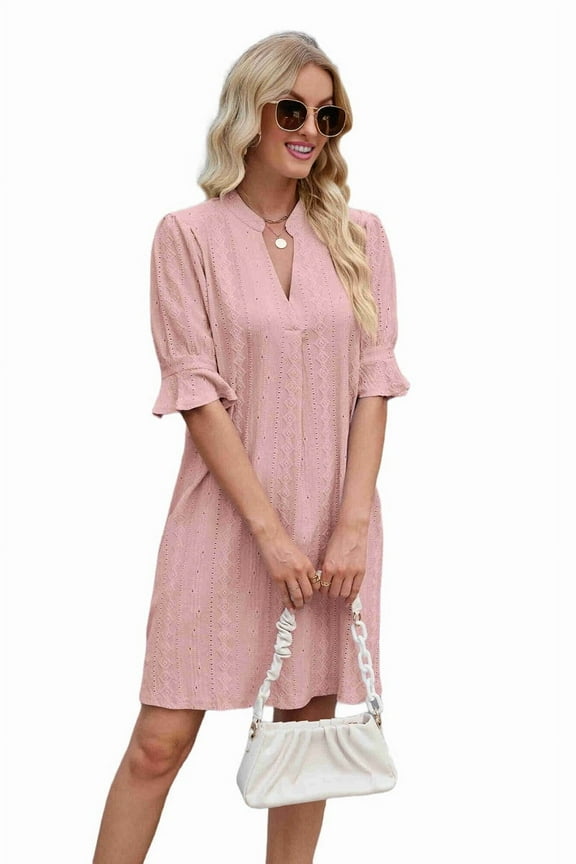 V Neck Casual Shift Dress Dark Pink M