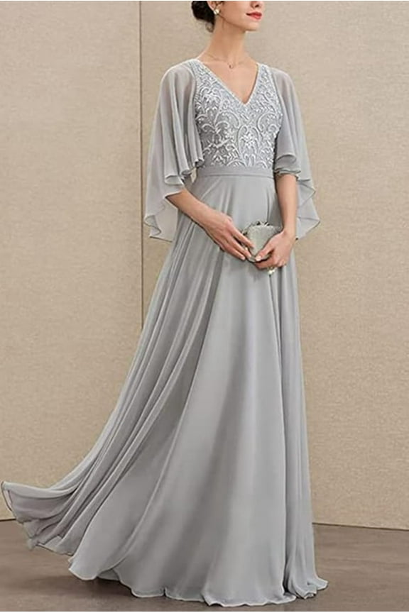 V Neck Chiffon Applique Lace Mother of Bride Dresses for Women