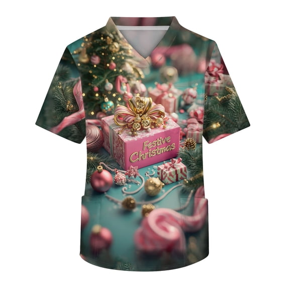 V-Neck Christmas Scrub Top for Men Short Sleeve Holiday Workwear Shirt ...