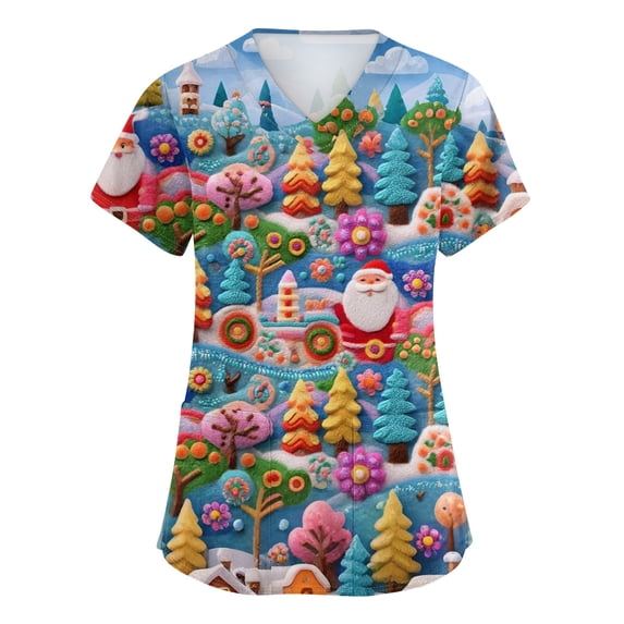 Side Slit Tee V-Neck Christmas Scrub Top for Women Short Sleeve Workwear with Pockets ...