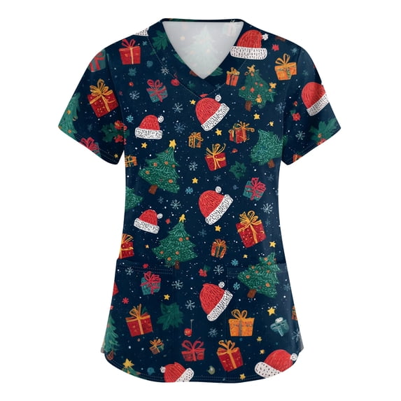 Side Slit Tee V-Neck Christmas Scrub Top for Women Short Sleeve Workwear with Pockets ...