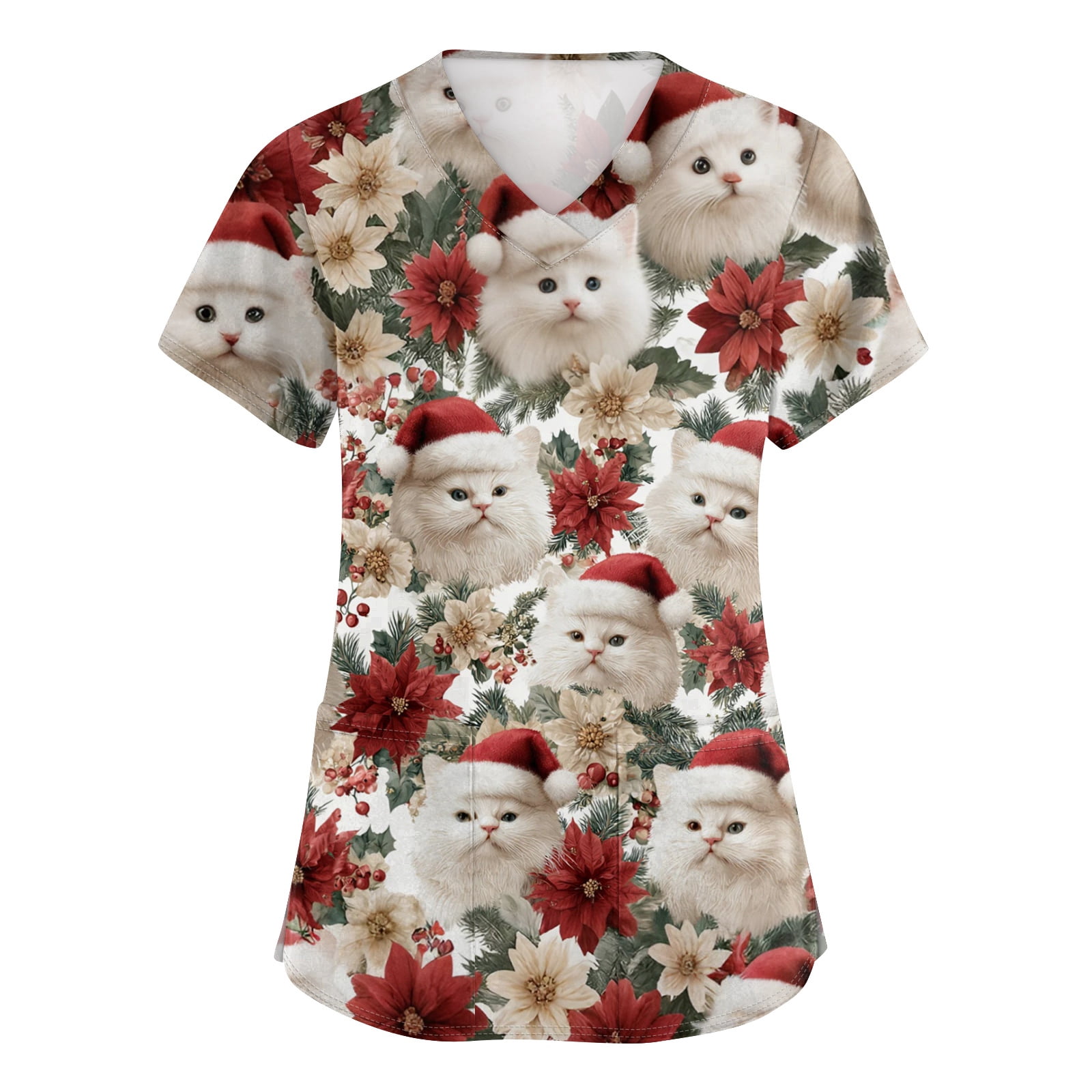 Side Slit Tee V-Neck Christmas Scrub Top for Women Short Sleeve Workwear with Pockets ...