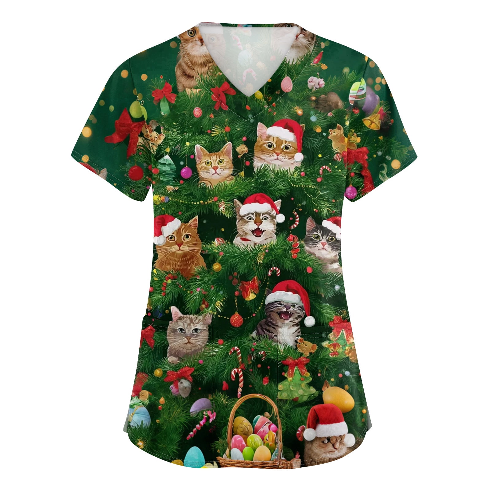 Side Slit Tee V-Neck Christmas Scrub Top for Women Short Sleeve Workwear with Pockets ...