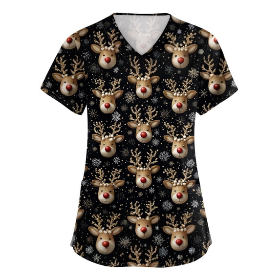 Side Slit Tee V-Neck Christmas Scrub Top for Women Short Sleeve Workwear with Pockets ...