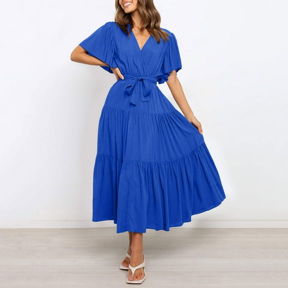 V Neck Commuting Printed Short Sleeved Waist Long Skirt Bohemian Dress Petite Summer Dresses for Women Petite Length Tunic Dress Long Sleeve Short Sleeved Dresses Women Womens Summer Casual Dresses