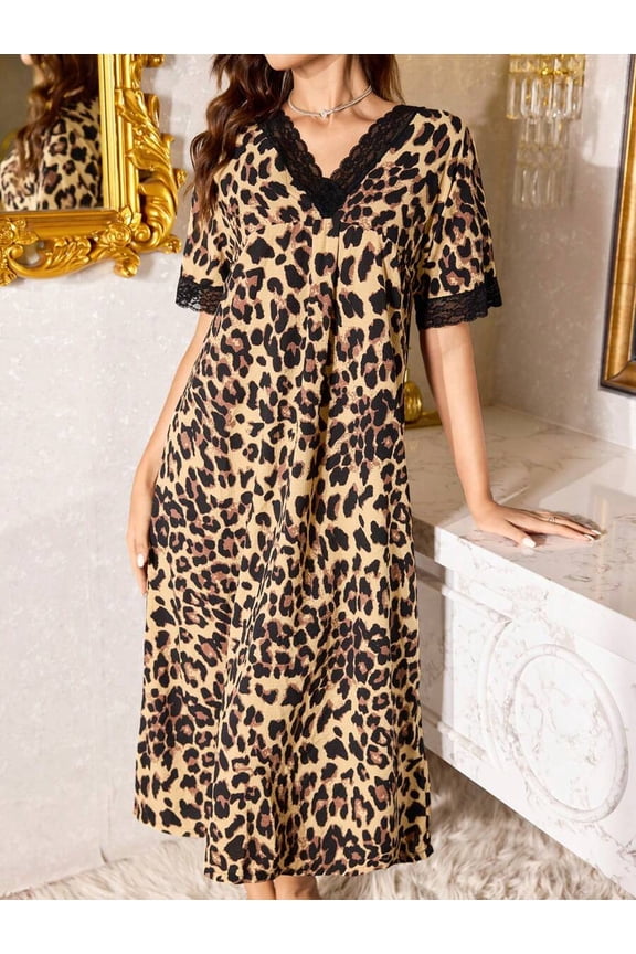 V-Neck Contrast Lace Leopard Print Short Sleeve Women Nightgown Moo Moo