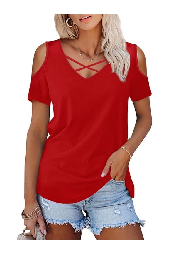 V Neck Criss Cross Cold Shoulder Tops Blouse for Womens